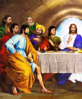 The painting was inspired on the scene of -The Last Supper of Jesus- with his disciples, as it is told in the Gospel of John 13:21